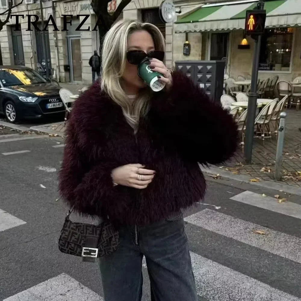 TRAFZA 2025 Autumn Winter Women Casual Faux Fur Jackets Fashion Streetwear Solid Turn Down Collar Warm Oversized Thick Coats - MyEmpired