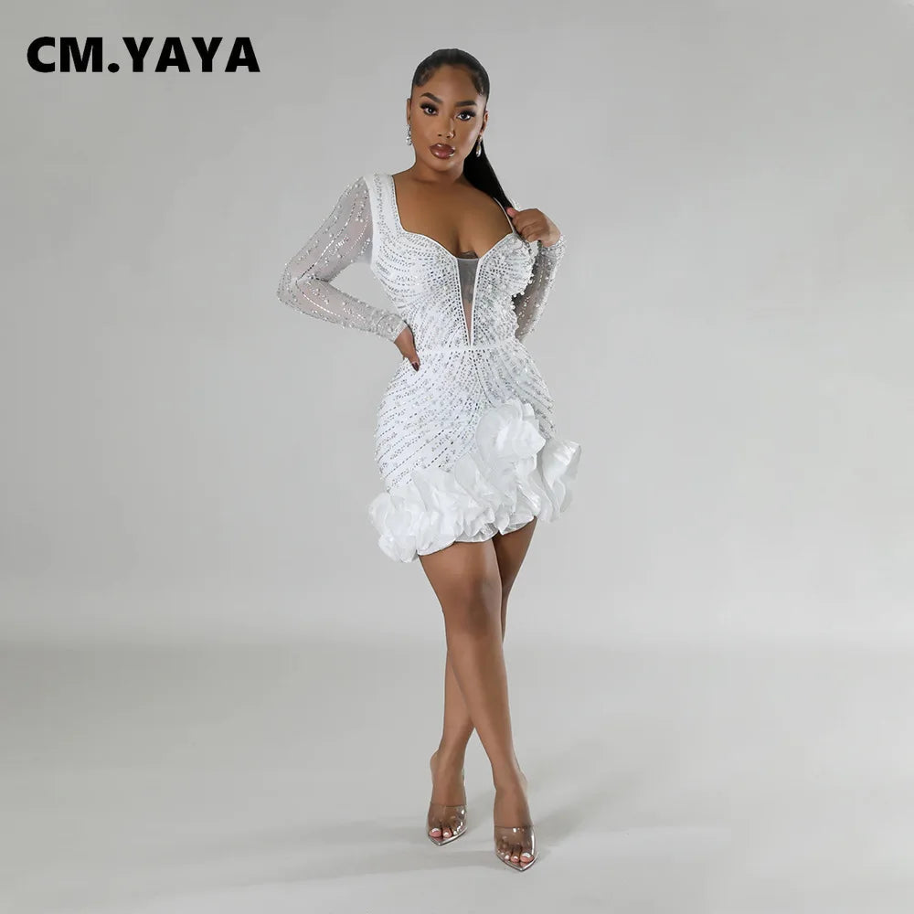 CM.YAYA Spring Women Long Sleeve Ruffles Hot Drilling Bead Short Dress Sexy Night Club Evening Birthday Mini Dresses Vestidos