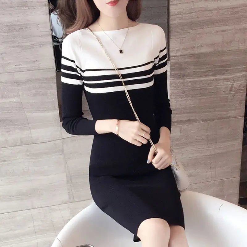 Women Clothing Korean Fashion Striped Bodycon Elegant Dresses Autumn Winter Casual Round Neck Long Sleeve Slim Basic Midi Dress - MyEmpired