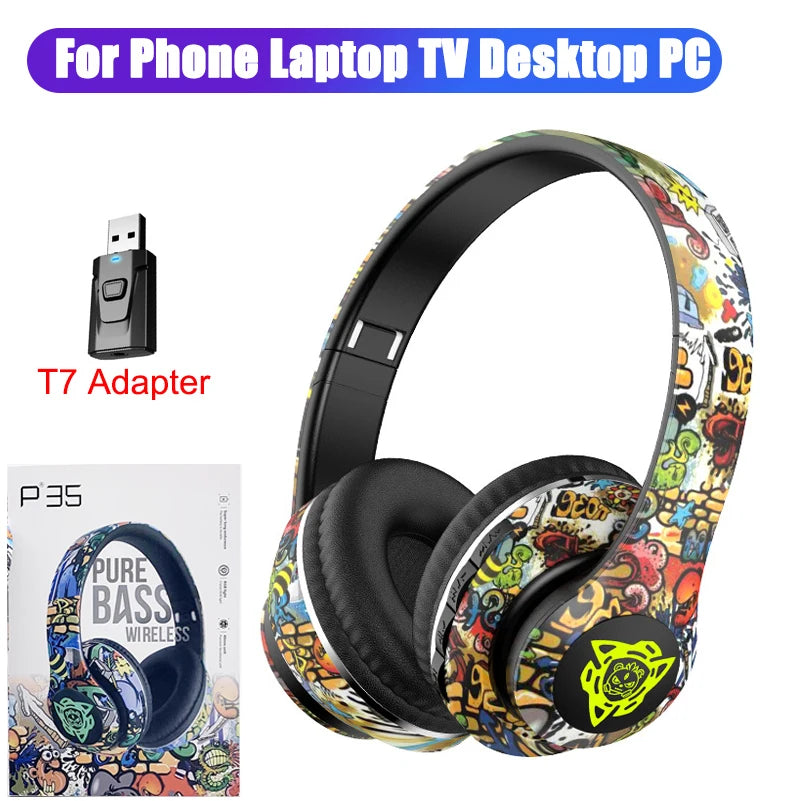 LED Graffiti Foldable Wireless Bluetooth Headphones Noise Canceling Super Bass Headsets Gamer Earphones Support TF With HD Mic