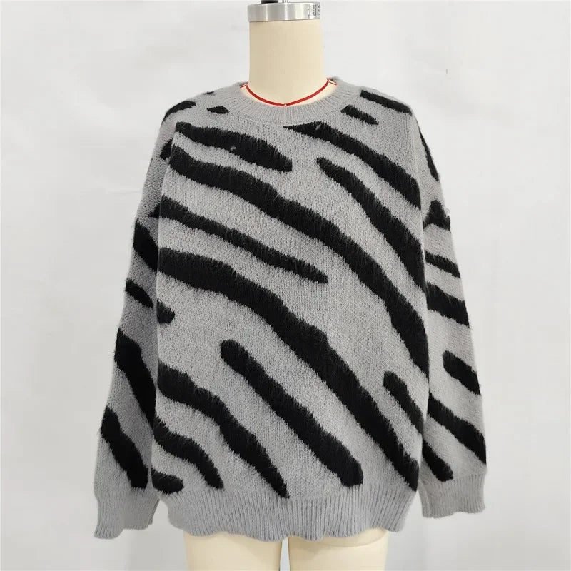 2024 Winter New Fashion Personalized Zebra Knitted Warm Pullover Sweater Plus Size Women  Crewneck Sweater for Women Pullovers