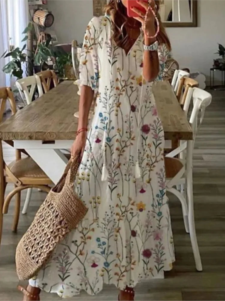 Spring Summer New 2024 Women's Casual Sweet Loose Sexy V-neck Drawstring Fashionable Printed Long Sleeved Dress