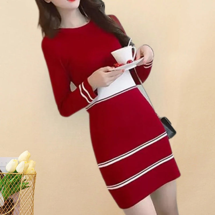 Women Clothing Korean Fashion Striped Bodycon Elegant Dresses Autumn Winter Casual Round Neck Long Sleeve Slim Basic Midi Dress - MyEmpired