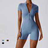 Fashion Zipper Dance Yoga Jumpsuit Short Playsuit Women Romper Short Sleeve Gym Fitness Overalls One Piece Sports Suit Unitard - MyEmpired