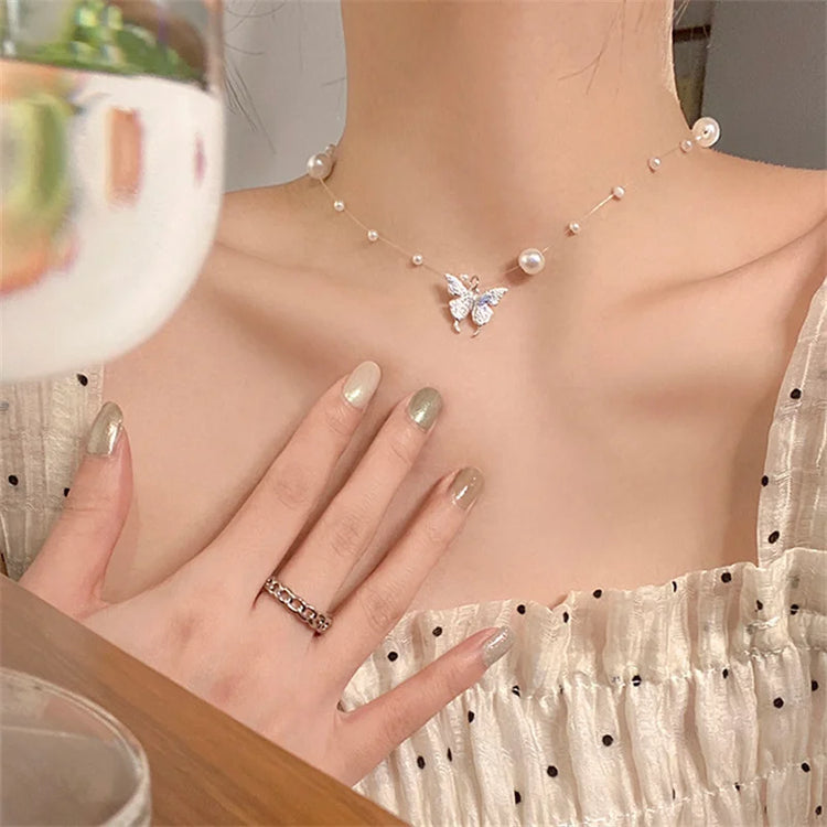 New Shiny Butterfly Necklace Ladies Exquisite Double Layer Clavicle Chain Necklace Jewelry for Ladies Gift - MyEmpired