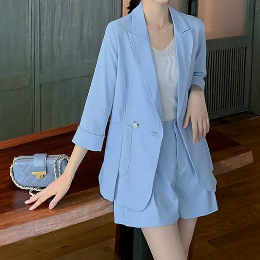 Blue Two Piece Set Casual Office Blazer Summer Women Solid Colors Blazer Suit Slim High Waist Shorts Suit Plus Size Shorts Set