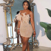 Sexy Club Party Night Feathers Rhinestones Birthday Dresses for Woman Elegant Backless Diamond Sheer Mesh Bodycon Dress Vestidos - MyEmpired