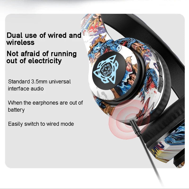 Graffiti Foldable Bluetooth Headphones Llluminated Wireless Noise Canceling Bass Headset Game Earphone With Mic For Kids Gifts