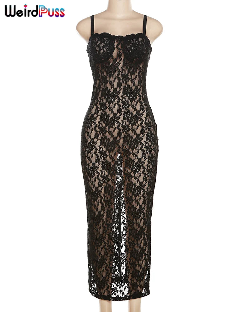 Weird Puss Lace Black Women Maxi Dress See Through Sleeveless Ladies Sexy Coquette Nightclub Party Bodycon Slim Fit Vestidos