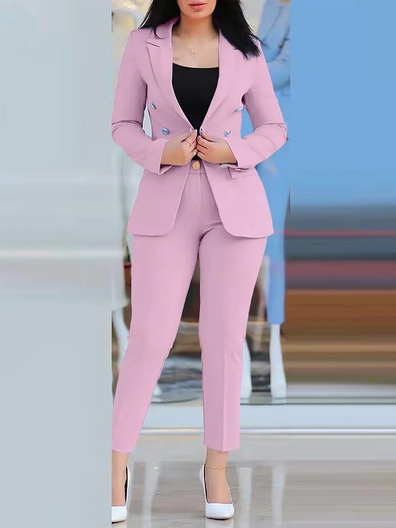 2pcs Women Office Clothing Set Long Sleeve Blazer Jacket & High Waist Pencil Pants Solid Color - MyEmpired