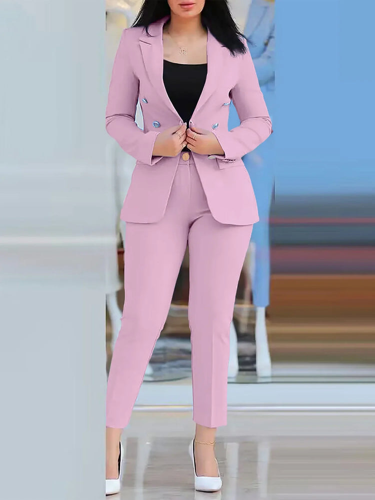 2pcs Women Office Clothing Set Long Sleeve Blazer Jacket & High Waist Pencil Pants Solid Color - MyEmpired