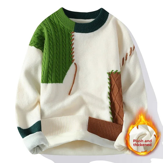 Men's Winter Casual Unique Design Color Blocking Sweater Knitted Top Fleece-lined Thickened Warm Woolen Coat