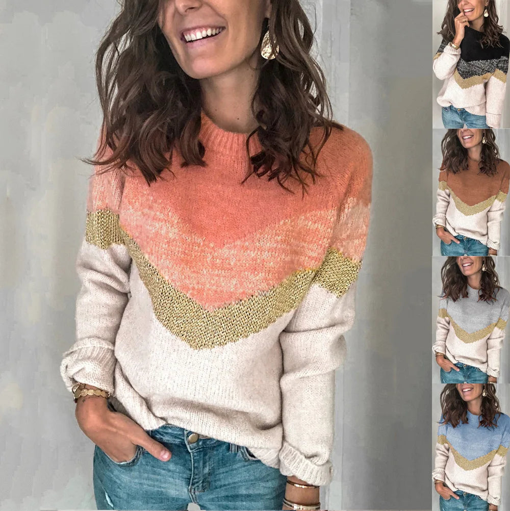 New Color Blocked Patchwork Knit Sweater with Round Neck and Shoulder Sleeves for Women - MyEmpired
