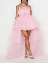 Elegant Mesh Tulle Wedding Party Dress for Women Strapless Off Shoulder High Waist Evening Gowns Formal Occasion Prom Dresses - MyEmpired
