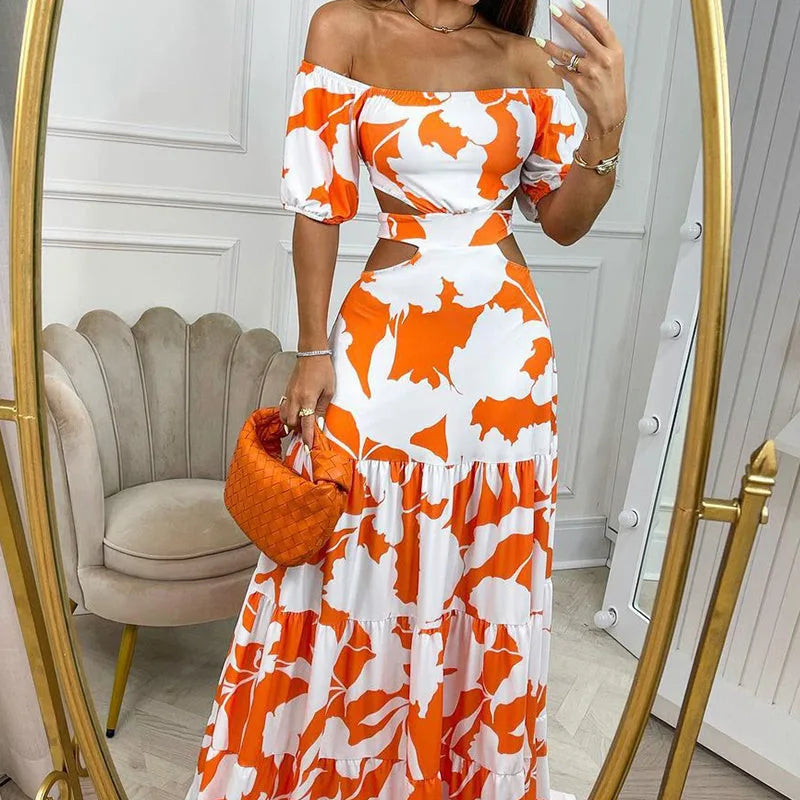 Commuting Slim Fit Printing Sexy Hollow  Off-Shoulder Maxi Evening Party Beach Long Dresses