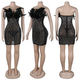 Sexy Club Party Night Feathers Rhinestones Birthday Dresses for Woman Elegant Backless Diamond Sheer Mesh Bodycon Dress Vestidos - MyEmpired