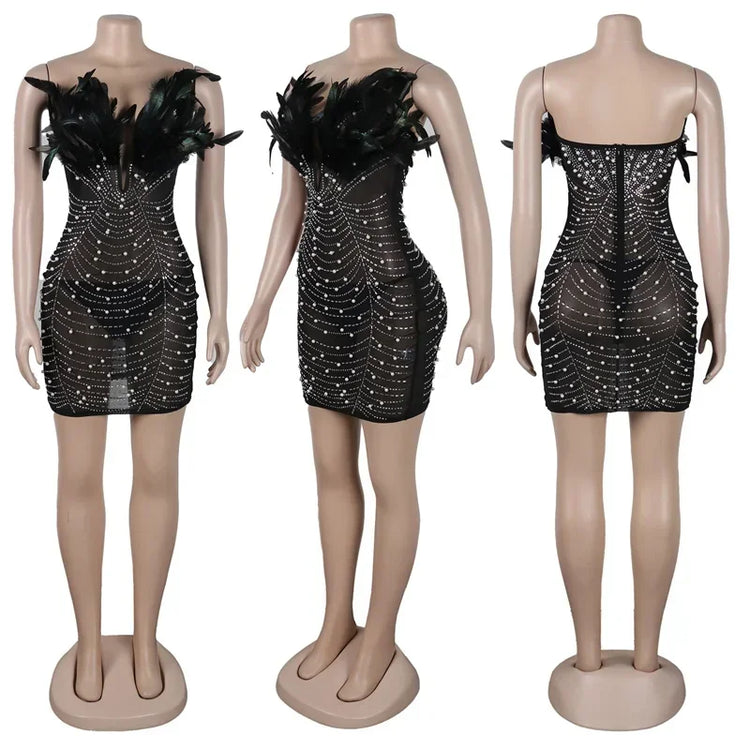 Sexy Club Party Night Feathers Rhinestones Birthday Dresses for Woman Elegant Backless Diamond Sheer Mesh Bodycon Dress Vestidos - MyEmpired