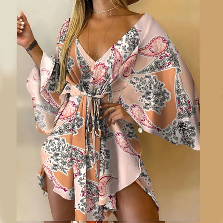 Women Print Dress Sexy V-Neck Bat Sleeve Ruffl Flowers Print Bohemian Beach Sundress Ladies Loose Summer Vacation Mini Dresses