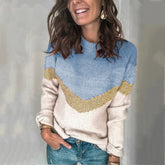 New Color Blocked Patchwork Knit Sweater with Round Neck and Shoulder Sleeves for Women - MyEmpired