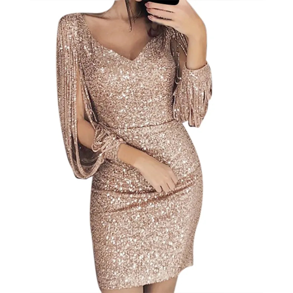 Sexy Sequin Tassel Long Sleeve Dress