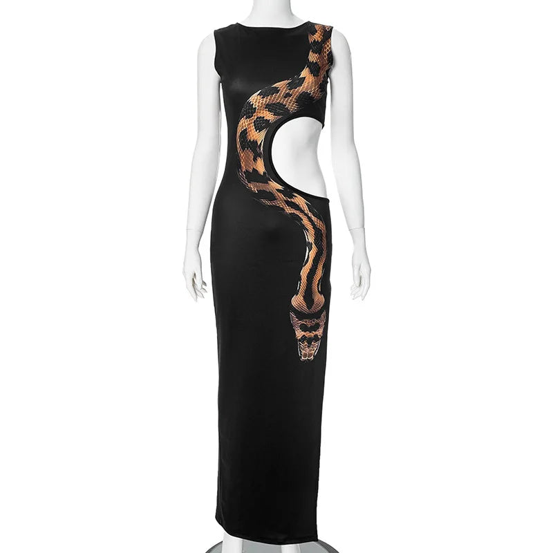 Black Cut Out Beach Dress Women Fashion Snake Print Slim Club Party Dresses Summer Sexy Split Sleeveless Long Dress 2024 New - MyEmpired