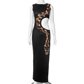 Black Cut Out Beach Dress Women Fashion Snake Print Slim Club Party Dresses Summer Sexy Split Sleeveless Long Dress 2024 New - MyEmpired
