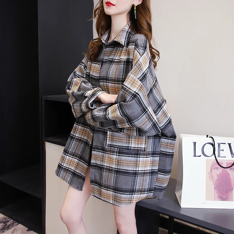 Plaid Shirt Women Autumn Long Sleeve Top Female Vintage Fashion Single Breasted Blouse Ladies Preppy Style Loose Check Shirts