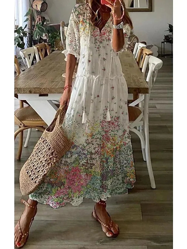 Spring Summer New 2024 Women's Casual Sweet Loose Sexy V-neck Drawstring Fashionable Printed Long Sleeved Dress