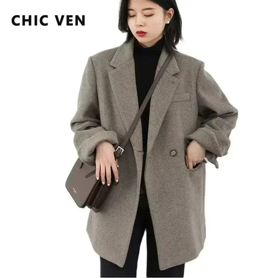 CHIC VEN Autumn Winter Korean Women Woolen Blazer Cotton Lining Thick Warm Jacket Solid Color Coat Female Woman Office Lady Tops - MyEmpired