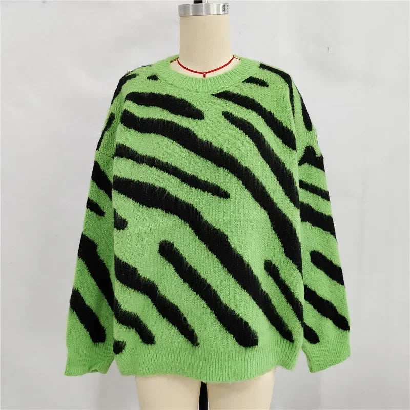 2024 Winter New Fashion Personalized Zebra Knitted Warm Pullover Sweater Plus Size Women  Crewneck Sweater for Women Pullovers