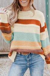 Crew Neck Drop-shoulder Striped Color Block Sweater - MyEmpired