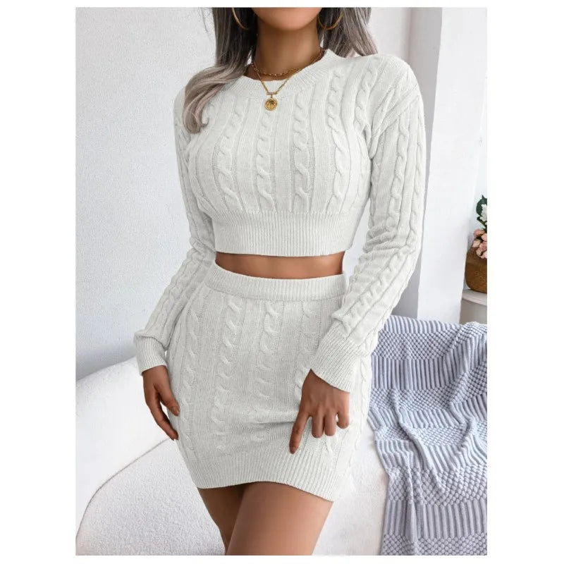 Autumn And Winter Fried Dough Twists Navel Revealing Sweater Buttock Knitting Skirt Women's Long Sleeved Top Slim Suit Skirt2024