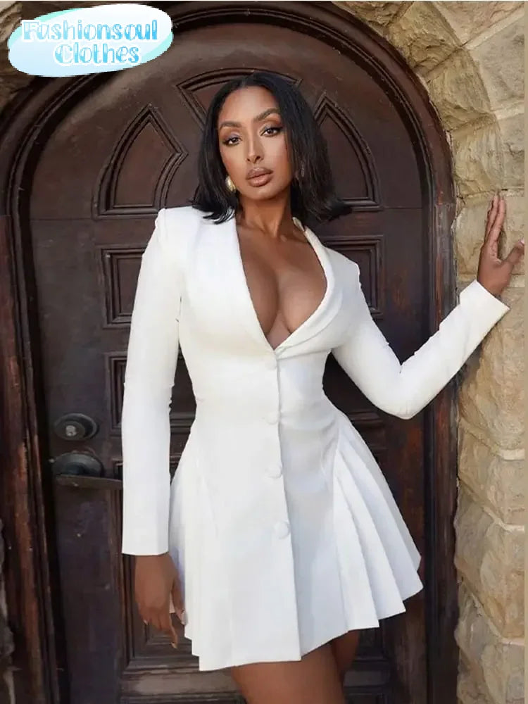 Sexy Deep V Single Breasted Pleated Mini Dress Women Elegant Long Sleeves High Waist White Short Dresses Ladies Commute Vestidos