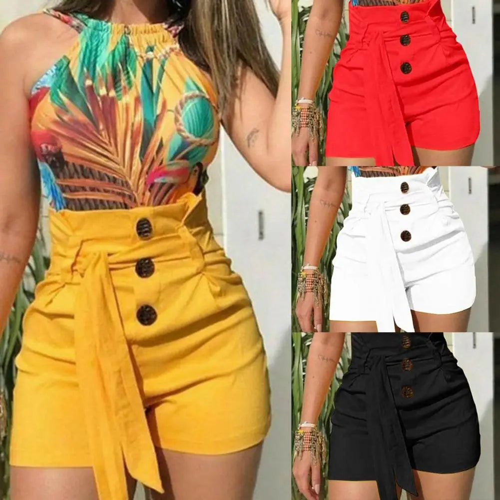 Summer Women's Short High Waist Casual Solid Hot Skinny Shorts Black Red White Yellow Shorts Jeans Belt Design Slim Shorts