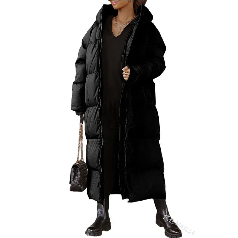 Hooded Solid Color Long Cotton Coat Fashion Casual Zipper Long Sleeve Women&