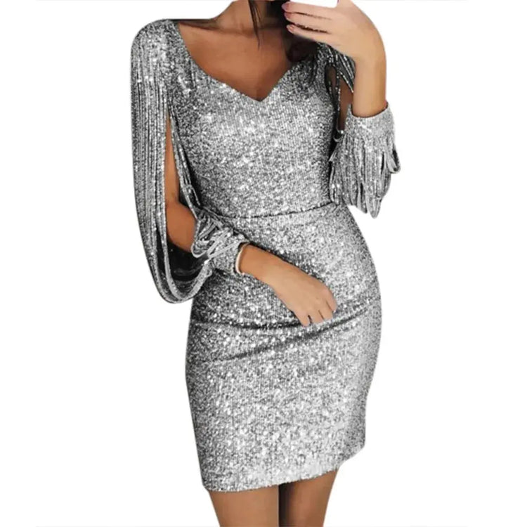Sexy Sequin Tassel Long Sleeve Dress - MyEmpired