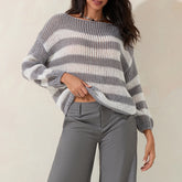 Women Striped Knit Sweaters 2024 Oversized Fall Winter Drop Shoulder Color Block Long Sleeve Loose Fit Pullover Tops D16 - MyEmpired