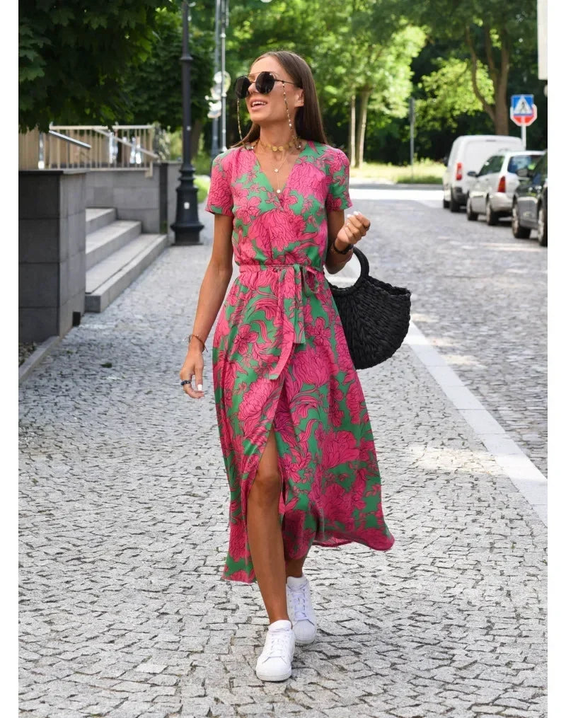 Summer Women's New V-Neck  Floral Printed Mid-Length Dress Split Vacation Style Fashion Long Dresses