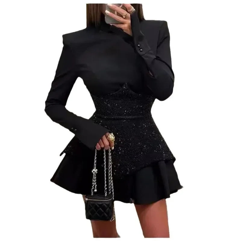 New Fashion Splicing Sequins Long-sleeved Crew Neck Short Dresses Sexy Party Vacation Little Black Dress for Women