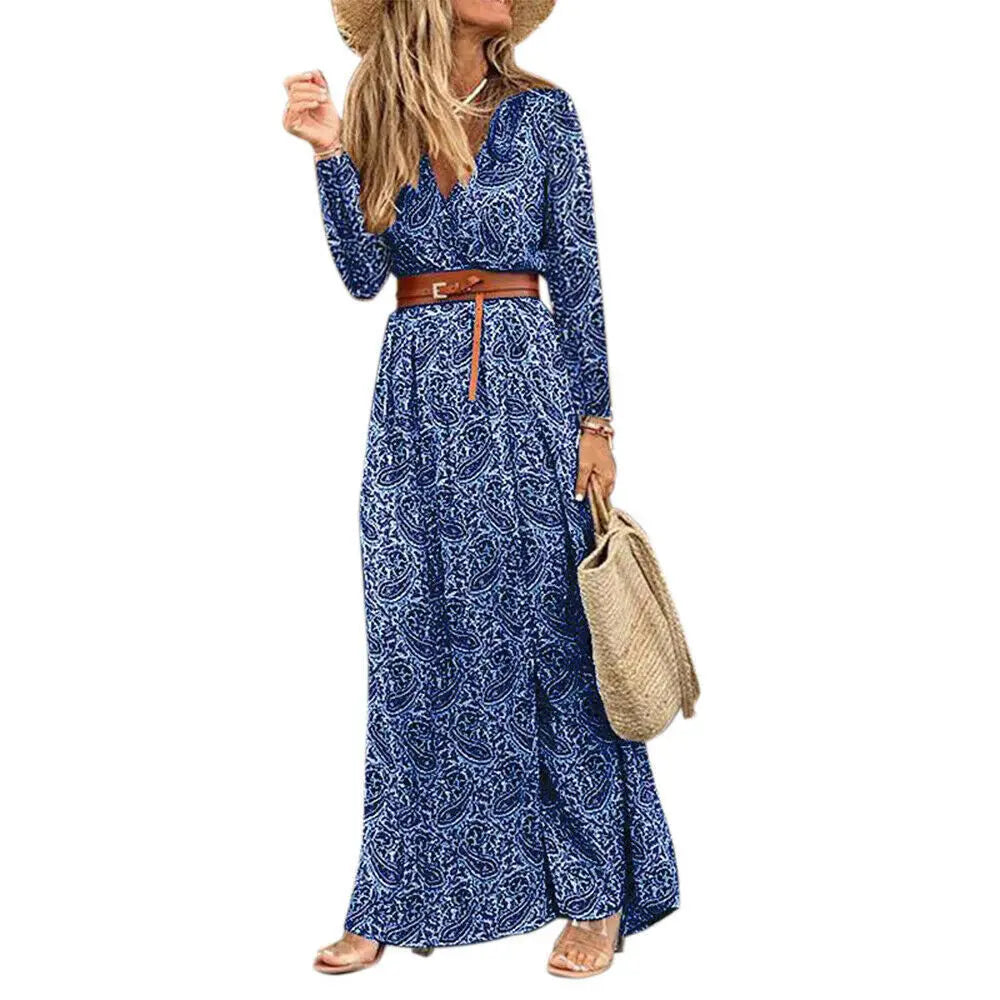 Women's Autumn Winter New Long Sleeved Sexy V-neck Hem Slit Bohemian Fashion Printed Floral Casual Dress Women's Clothing