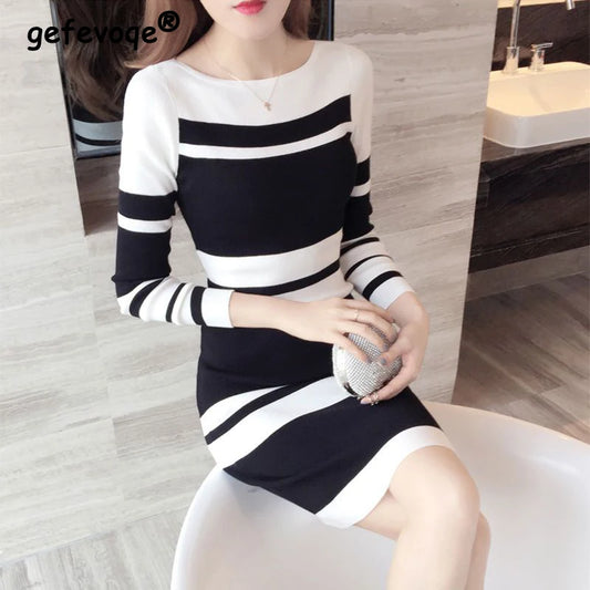 Women Clothing Korean Fashion Striped Bodycon Elegant Dresses Autumn Winter Casual Round Neck Long Sleeve Slim Basic Midi Dress