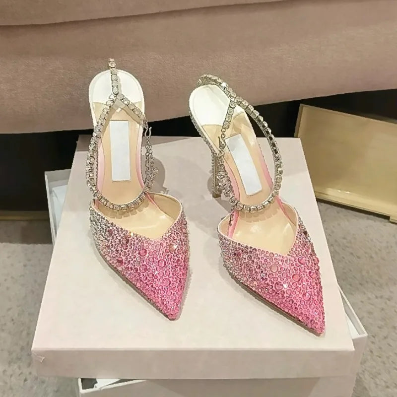 2024 Summer Gradient Pink Baotou Sandals Women's Fine Heel Drill Shoes High Heels Women's Party Shoes