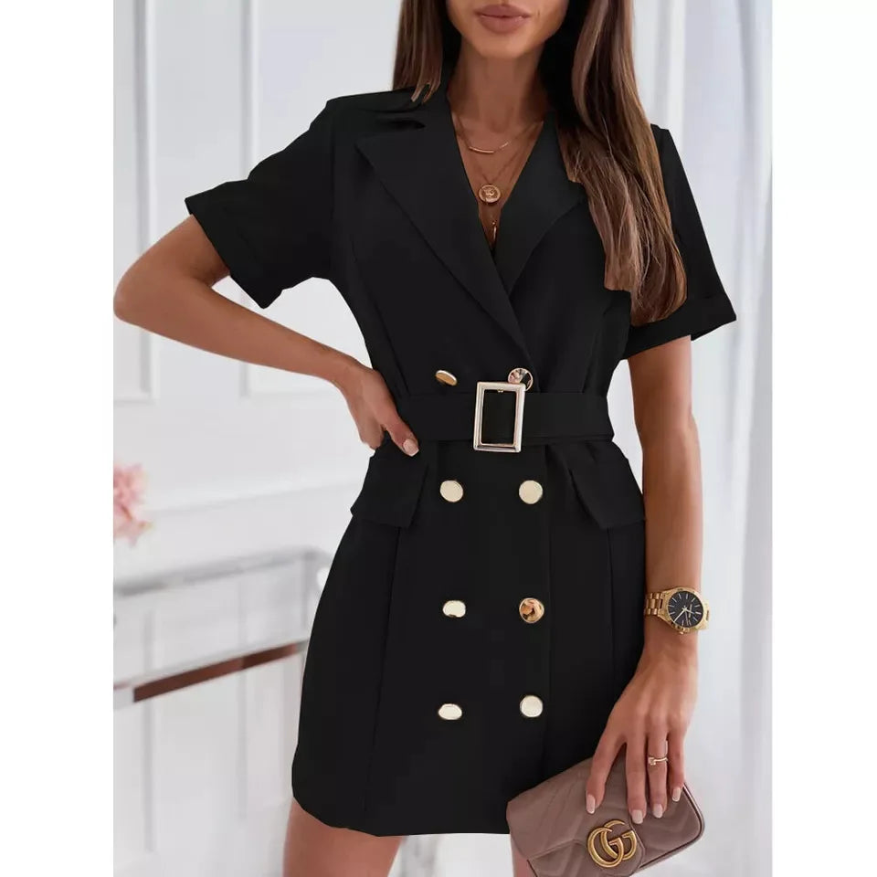 Elegant Office Lady Rose Red Mini Blazer Dress With Belt 2024 New Summer Fashion Double Breasted Short Sleeved Dresses For Women