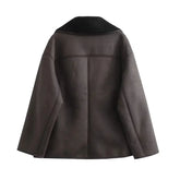 TRAF Woman Thick Faux Leather Jackets for Women Coat Autumn Winter Warm Wool Blends Coats Demi-season Plush Jacket Outerwear - MyEmpired