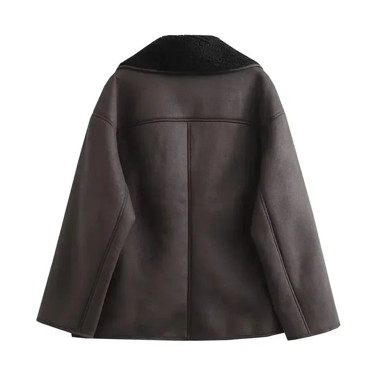 TRAF Woman Thick Faux Leather Jackets for Women Coat Autumn Winter Warm Wool Blends Coats Demi-season Plush Jacket Outerwear - MyEmpired
