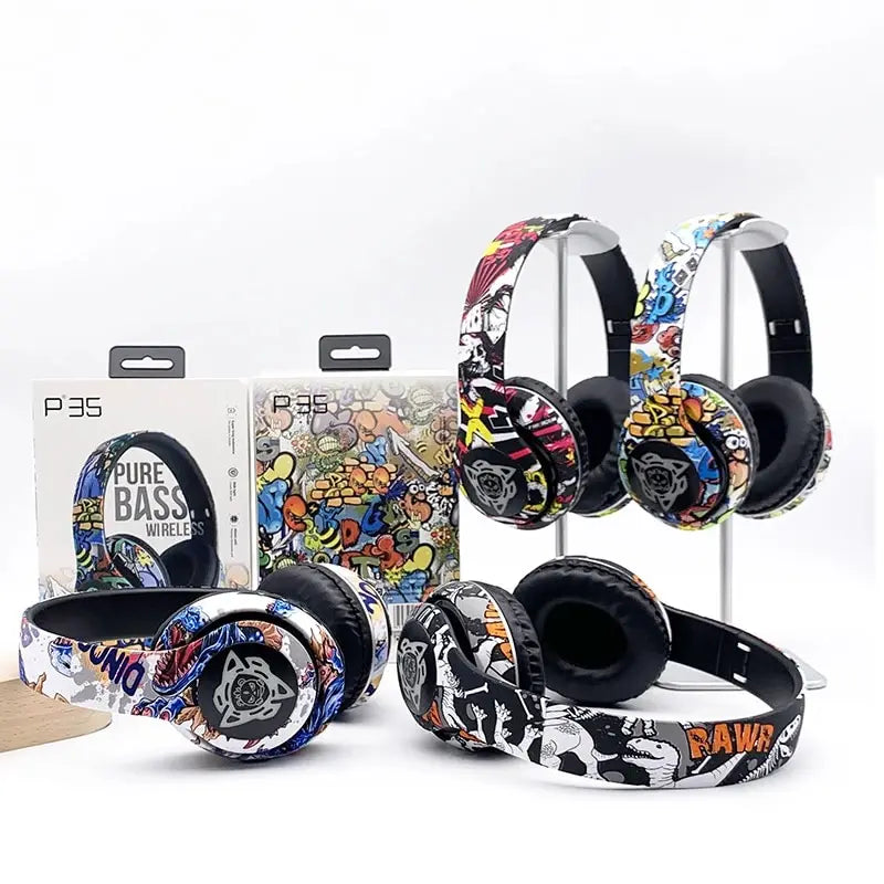 Graffiti Foldable Bluetooth Headphones Llluminated Wireless Noise Canceling Bass Headset Game Earphone With Mic For Kids Gifts - MyEmpired