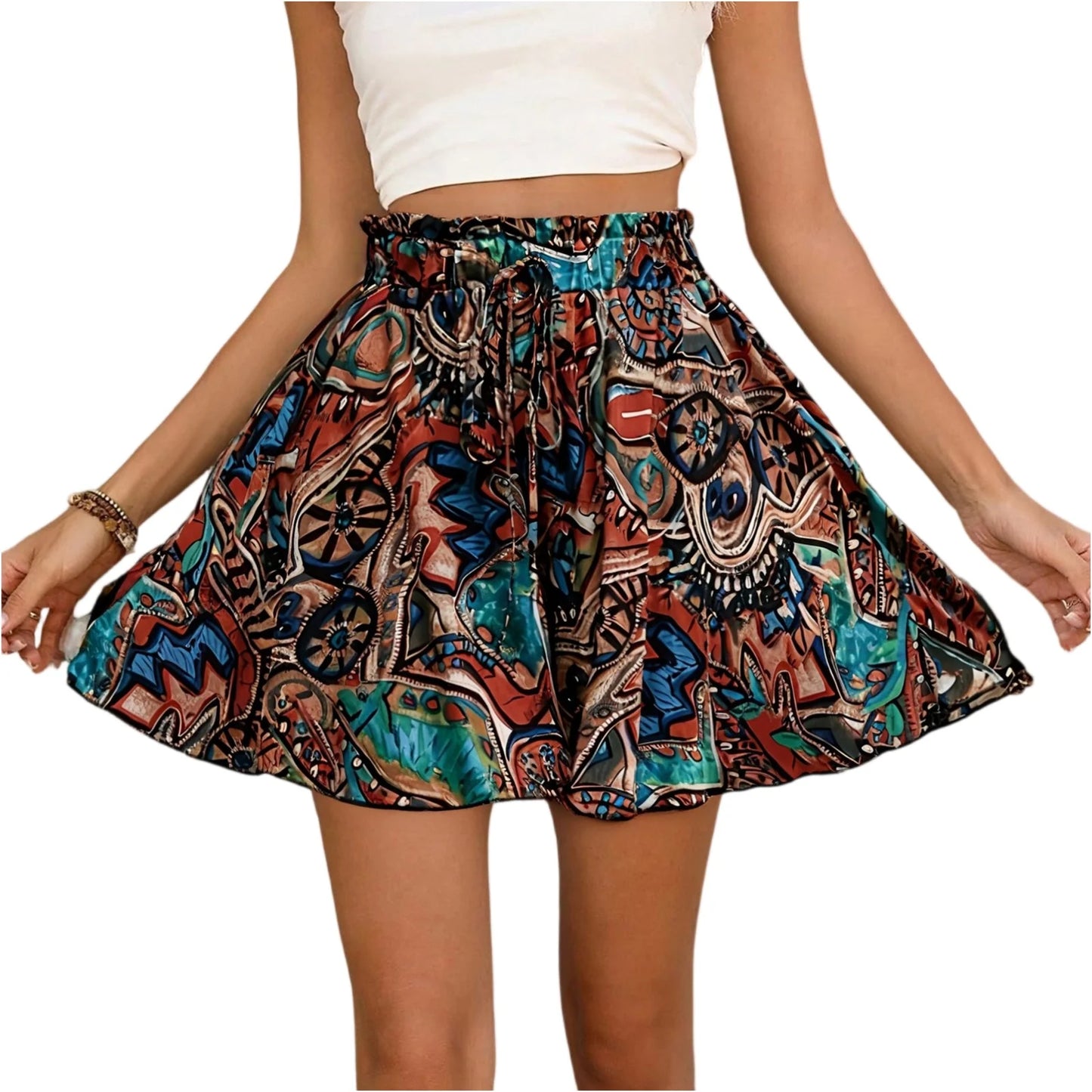Women's Bohemian shorts high waist drawstring loose shorts lightweight comfortable beach shorts print wide leg short pants