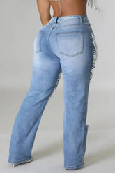 Women Plus Size Pearls Jeans Casual Vintage Cutout High Waist Y2K Streetwear Pearls Denim Jeans Pockets Slim Denim Trousers - MyEmpired