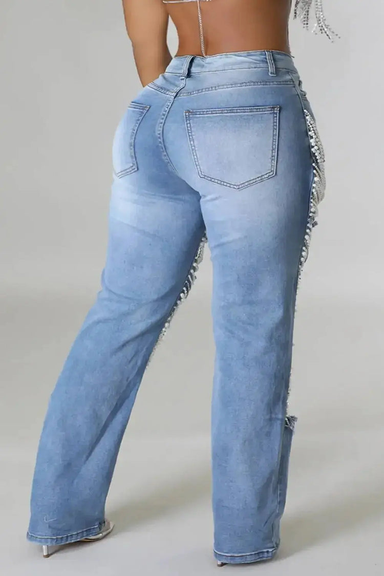 Women Plus Size Pearls Jeans Casual Vintage Cutout High Waist Y2K Streetwear Pearls Denim Jeans Pockets Slim Denim Trousers - MyEmpired