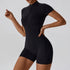 Fashion Zipper Dance Yoga Jumpsuit Short Playsuit Women Romper Short Sleeve Gym Fitness Overalls One Piece Sports Suit Unitard - MyEmpired